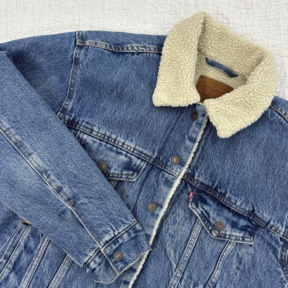 Levis Sherpa Lined Denim Trucker Jacket Mens Large Blue Faux Fur Collar Snap